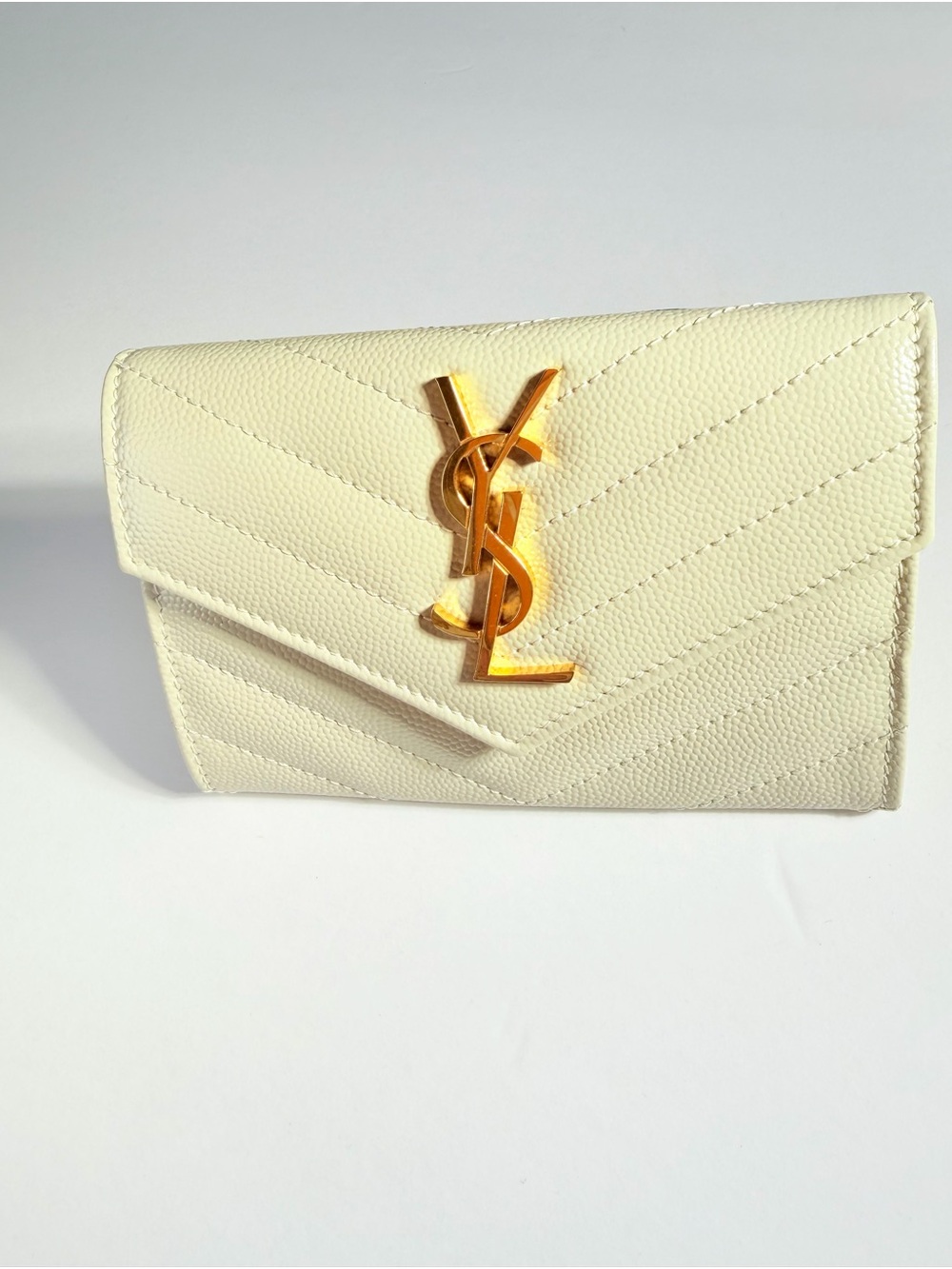 Saint Laurent Cassandra Cream Leather Chevron Wallet with Gold YSL Logo